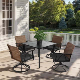 5-Piece Patio Dining Set for 4 | Outdoor Wicker Furniture Set with Swivel Rocker Chairs, Steel Table Top & Cushions | Backyard, Garden, Deck & Poolside
