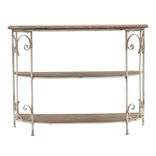 43.5x14x32' Three-Tiered White Wooden Shelving Unit with Ornate Iron Frame
