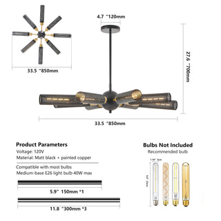 34" Modern Industrial Sputnik Chandelier - 8-Light Black & Gold