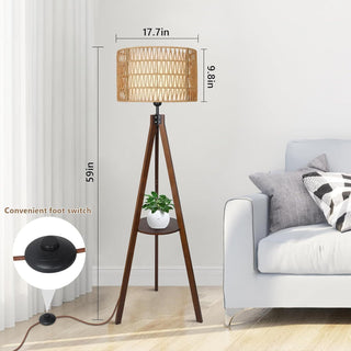 Boho Tripod Floor Lamp with Shelves, Rattan and Fabric Shades