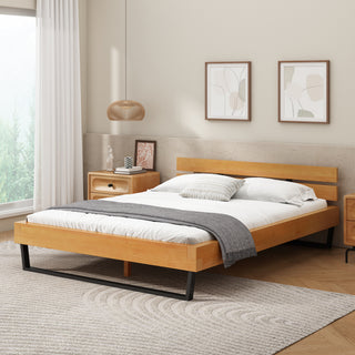 Queen Size Pine Wood Bed Frame – Natural & Black Solid Wood Platform Bed for Modern Bedroom