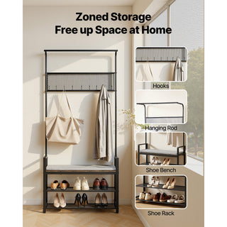 Hall Tree, 72 in Coat Rack with Shoe Bench, Freestanding 2-Tier Shoe Rack Storage Organizer with Hooks, Hanging Rod and Wire Shelf, Steel Frame Entrance Coat Holder for Entry, Bedroom, Closet