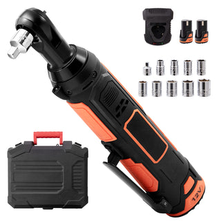 3/8' Cordless Electric Ratchet Wrench Set, 12V 33 Ft-lbs Power Ratchet Tool Kit, 45-Min Fast Charge, 2-Pack 2.0Ah Battery, Built-in LED Light, Variable Speed Trigger, 10 Sockets