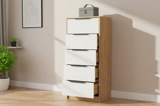 Kaia 5-Drawer Vertical Dresser - Modern White and Pine Chest of Drawers for Bedroom Organization