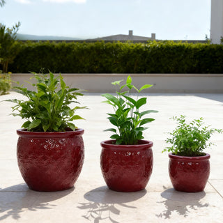 Handmade Ceramic Flower Pot Set of 3 (15"/12"/10") | Deep Red Floral Embossed Planters for Orchids & Herbs | Breathable Clay Indoor/Outdoor Bookshelf & Windowsill Decor