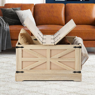Rattan Coffee Table, Rectangle PE Rattan Woven Wood Coffee Table with MDF Top, 32-Inch Modern Boho Style Storage Coffee Table with Retro Metal Hinges, for Living Room, Bedroom & Small Spaces