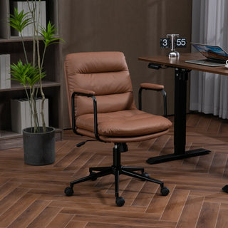 Mid Back Office Chair - Ergonomic PU Leather Desk Task Chair with Wheels, Armrests, and 40° Reclining Back (Brown)