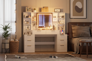 Large Makeup Vanity Desks with 59" Tabletop, 8 Drawers and LED Mirrors