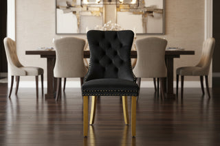 Mid-Century Modern Dining Chairs Set of 2 – High-End Tufted Velvet Upholstered Chairs with Lion Head Pull Ring, Golden Wooden Legs &amp; Nailhead Trim, Contemporary Luxury Side Chairs - Black SW1201BK