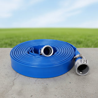 1.5' ID × 100 ft Pool Backwash Hose, Heavy Duty Reinforced Blue PVC Lay Flat Water Discharge Pump Hoses For Swimming Drain Pools and Clean Filters, with Aluminum Camlock C and E Fittings
