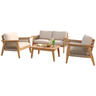 Outdoor 4-piece Acacia Wood and Rope Sectional Patio Sofa Set
