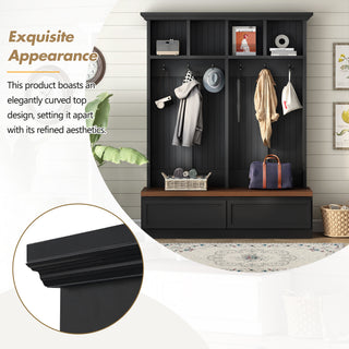 ON-TREND Farmhouse  4-in-1 Hall Tree with Wood Grain Bench, Mudroom Versatile Coat Rack with 2 Large Drawers, Large Entrance Organizer with 6 Black Hooks for Hallway, Living Room, Black, 55.9"Wx75.6"H