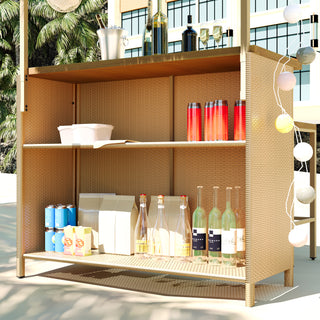 GO Hawaiian-Style Bar Height Patio Set with PE Grass Canopy, Outdoor Bar Table and Stools with Adjustable Feet, Acacia Wood Top, for Dining and Drinking, Natural