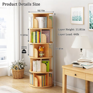 5-Tier Rotating Bookshelf – 360° Round Spinning Display Bookshelf Tower, Space-Saving Storage for Small Spaces (Wood Color)