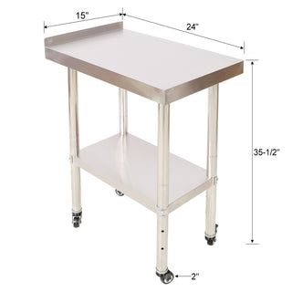 Compact Stainless Steel Prep Table 24x15" with Backsplash | Heavy-Duty Workstation with Casters