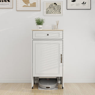 Robot Vacuum Stand Cabinet with Wheels, Sweeping Robot Storage Rack with Doors and Drawers, Side Table for Living Room, Home Office, Kitchen-Antique White