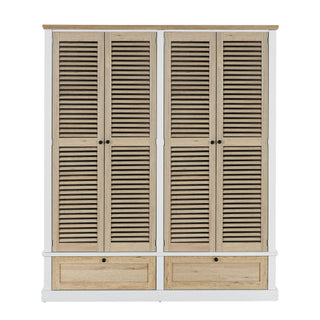 4 Shutter Door Wardrobe Armoire Closet with 2 Drawers, Natural and White