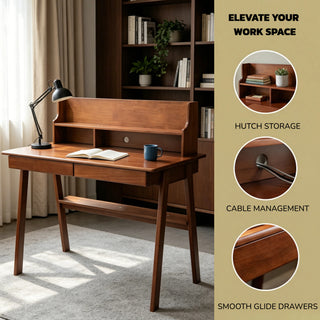100% Solid Wood Desk Writing Computer Desk Mid Century Modern Home Office Table with Drawer for Bedroom