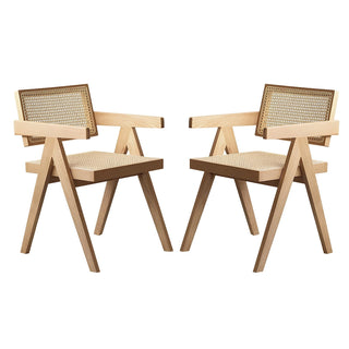 Modern Mid Century Dining Chairs Set of 2, Rattan Accent Chairs, Comfy Armchairs, Outdoor Wood Chairs with Armrest for Bedroom Living Room Reading Room Dining Kitchen, Wood Color