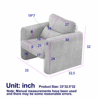 33"Corduroy Fabric Single Sofa, Modern Lounge Chairs Single Sofa with Support Pillow , for Apartment, Office, Living Room & Bedroom
