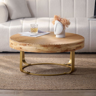 Modern Round Pine Wood Coffee Table - Golden Natural Finish with Carving Patterns