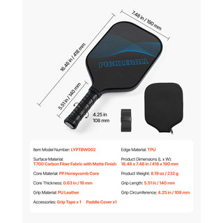 Pro Carbon Fiber Pickleball Paddle Honeycomb Core Racket for Adults Blue