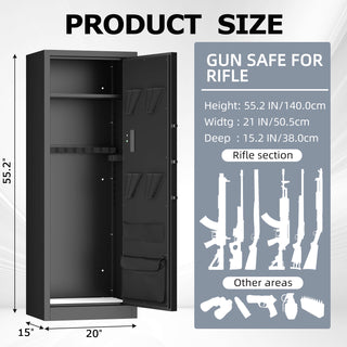 Large Heavy Duty Gun Safe for Rifle and Pistol - 55.2' Firearm Security Cabinet with Electronic Lock, LED Light & Removable Shelves