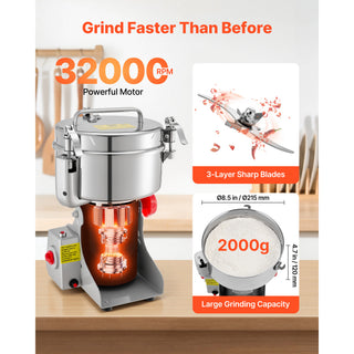 2000g Electric Grain Mill Grinder, 3400W 32000RPM High Speed Spice Corn Dry Grinding Machine, Stainless Steel Pulverizer Powder Machine for Dried Grains Coffee Beans Spices Nuts (270° Swing Type)