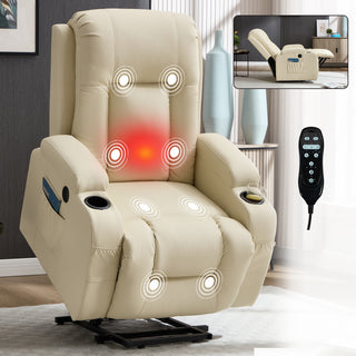 EliteCare™ Cloud-Series Power Lift Recliner – Industrial 350LB Heavy-Duty Motion Chassis with Infinite Position Motor, 8-Point Kinetic Massage, Lumbar Heat Therapy & Integrated Tech-Hub – Premium Beige PU Leather