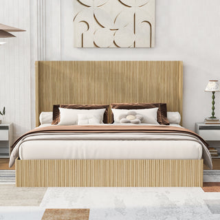 King Size Mid-Century Fluted Wood Bed Frame, Tall Wingback Headboard, Low Profile Platform Bed, No Box Spring Needed, Easy Assembly for Bedroom & Guest Room