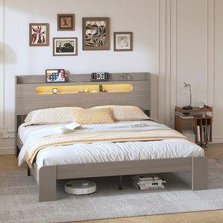 Queen Size Bed Frame with LED Headboard, USB & Storage | Dark Grey Wood Platform