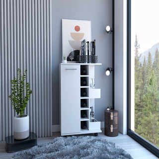 32" H White Bar-Coffee Cart with Cabinet Storage, 4 Wheels, Divided Shelf, Folding Door, and Bottle Holder – Stylish Mobile Storage for Home Bars or Coffee Stations