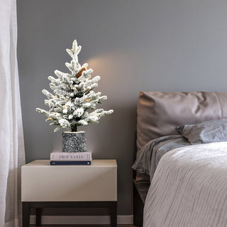 2FT Flocked Christmas Tree with Pot Base, 30 Warm White LED Lights, 189 Tips, PE+PVC Branches with 3 Pine Cones – Small Prelit Holiday Tree for Tabletop, Entryway, or Home Decor