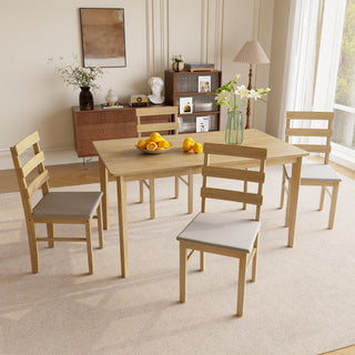 Original Wood 5-Piece Dining Table Set – 100% Solid Wood Rectangular Table and 4 Back Chairs, Practical Household Wooden Dining Room Furniture Set, Heavy Duty Minimalist Kitchen Table Set, 5-Pcs
