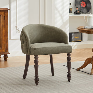 Hand-pulled buckle decoration PU Dining Chair,Accent Leisure Chair, Mid-Century Modern Arm Chair with Solid Wood Armrests and Legs, 1-Seat Cushioned Sofa for Living Room Bedroom,Olive Green color