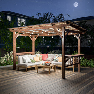 Title
13' x 6.5' Wooden Pergola Grill Gazebo with Metal Roof & Bulbs & Bar Counters
