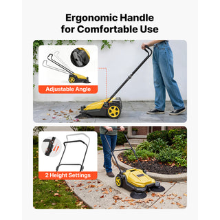 Walk-Behind Hand Push Floor Sweeper, Manual Floor Sweeper Non-Electric with 25.6' Sweeping Width, 5 Gallons Waste Container & Adjustable Folding Handle for Yards Walkways Patios Garages - Yellow