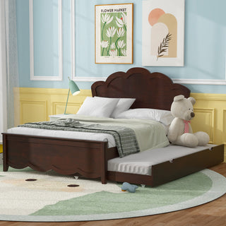 Full Size Wood Platform Bed with Headboard and Twin Size Trundle, Cappuccino