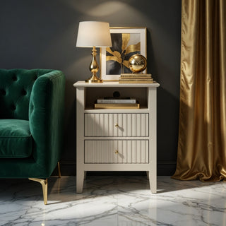 18' Beige Fluted Nightstand with 2 Drawers - Modern Bedroom Sofa Side Table in Matte Beige Engineered Wood with Gold Knobs