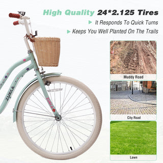 24 Inch Cruiser Bike for Girls, Single Speed Commuter Bicycle with Wicker Basket & Rear Rack, High Carbon Steel Frame Comfort City Bike for Outdoor Riding