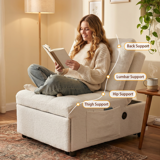 Single sofa bed without armrests, soft teddy fabric texture, skin-friendly, built-in USB charging port, side storage pocket, adjustable backrest, suitable for small apartment living rooms or studies