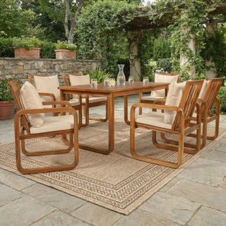 7 Pieces Patio Dining Set Outdoor Dining Table and Chairs Stylish Outdoor Furniture Set with Removable Cushions for Patio, Backyard, Natural Wood+Light Brown Cushion
