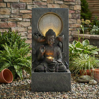 28' H Outdoor Buddha Waterfall Fountain, Freestanding Relaxing Water Feature, Asian Zen Fengshui Decor for Patio, Garden, Backyard, Deck & Home, Ideal Gift Led Fountain