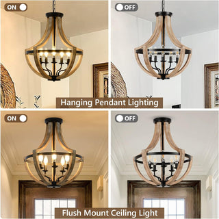 19 inch Farmhouse Chandelier, 5-Light Solid Wood, Brown