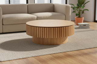 31.49" Round Ash Wood Drum Coffee Table - Handcrafted Storage Center Table