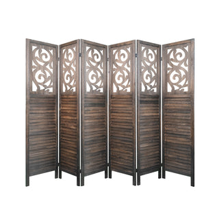 6 Panel Room Dividers – 6FT Carved Wood Folding Partition Wall Divider, Rustic Brown Wooden Carved Privacy Screen for Office, Restaurant, and Home Use