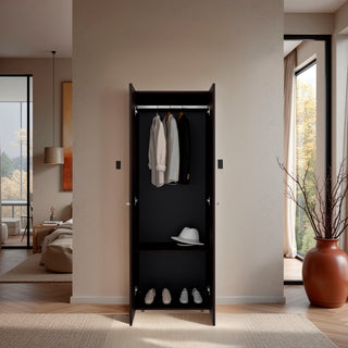 Home 2-Door Closet System Armoire - Modern Walnut Bedroom Wardrobe with Hanging Rod and Shelves