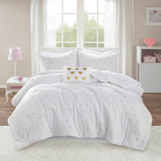4 PCS Full/Queen Metallic Printed Plush Comforter Set with Throw Pillow White/Gold