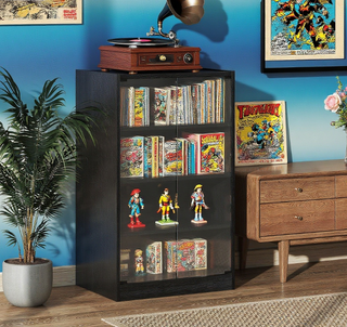 4-Tier Media Cabinet with Glass Doors, Distressed Black