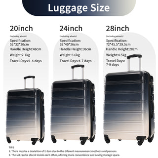 Hardshell Luggage Sets 3 Piece Gradient Color Expandable Suitcase with Spinner Wheels and TSA Lock Lightweight 20' 24' 28' Available,Gradient Black